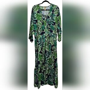 OnShore Women Maxi Dress Green Leaf Print Beach Vibes Tropical One Size NWT